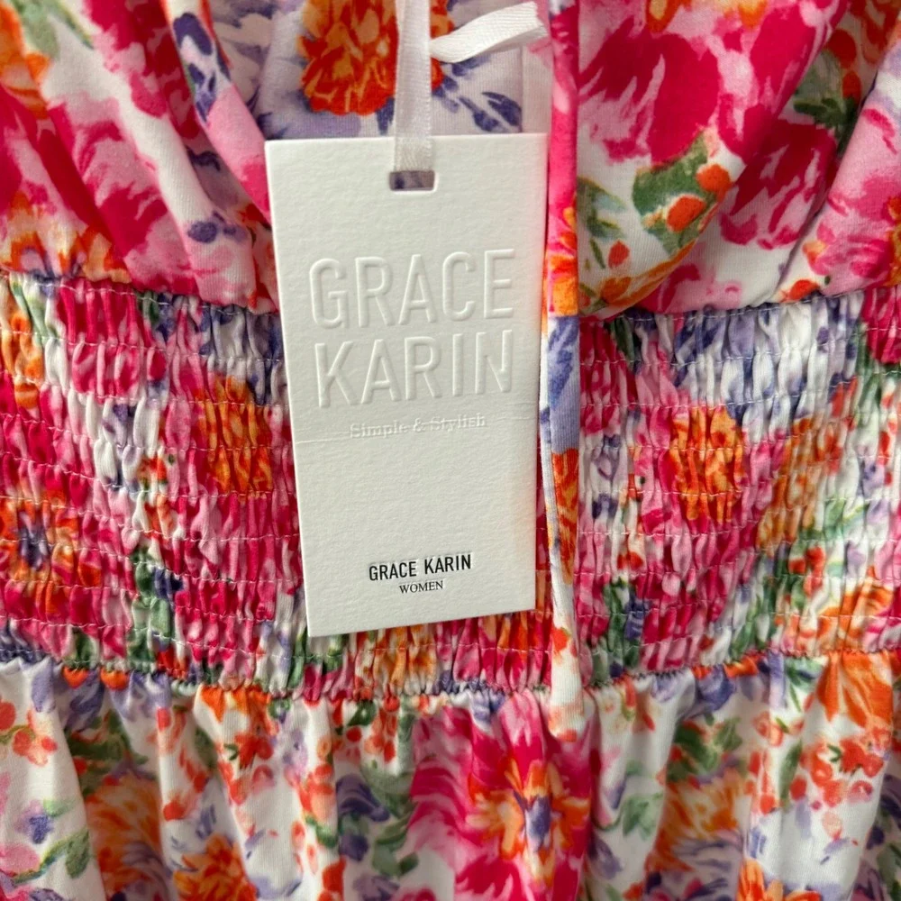 Grace Karin Floral Smocked Square Neck Flutter Sleeve Midi‎ Dress Women M
